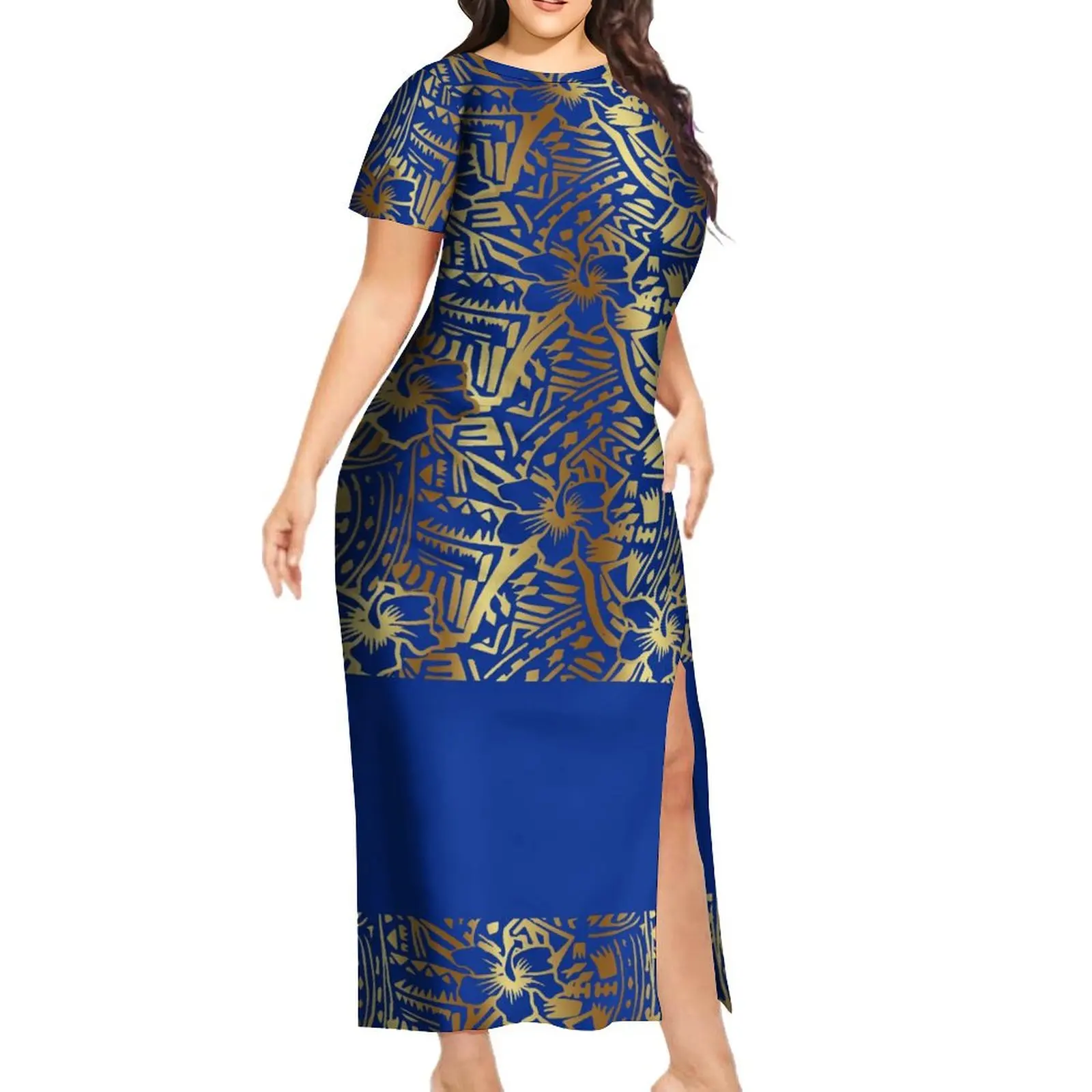 

2024 New Elegant Short-Sleeved Evening Dress National Style Polynesian Ankle-Length Dress Printed Pattern Round Neck Dress