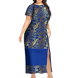 2024 New Elegant Short-Sleeved Evening Dress National Style Polynesian Ankle-Length Dress Printed Pattern  Round Neck Dress