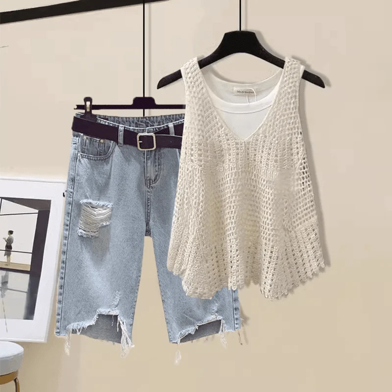 Vacation Style Women's Hollow out Vest And Short Jeans Three Piece Set Summer Fashion Design Break Hole Effect Complete Outfit