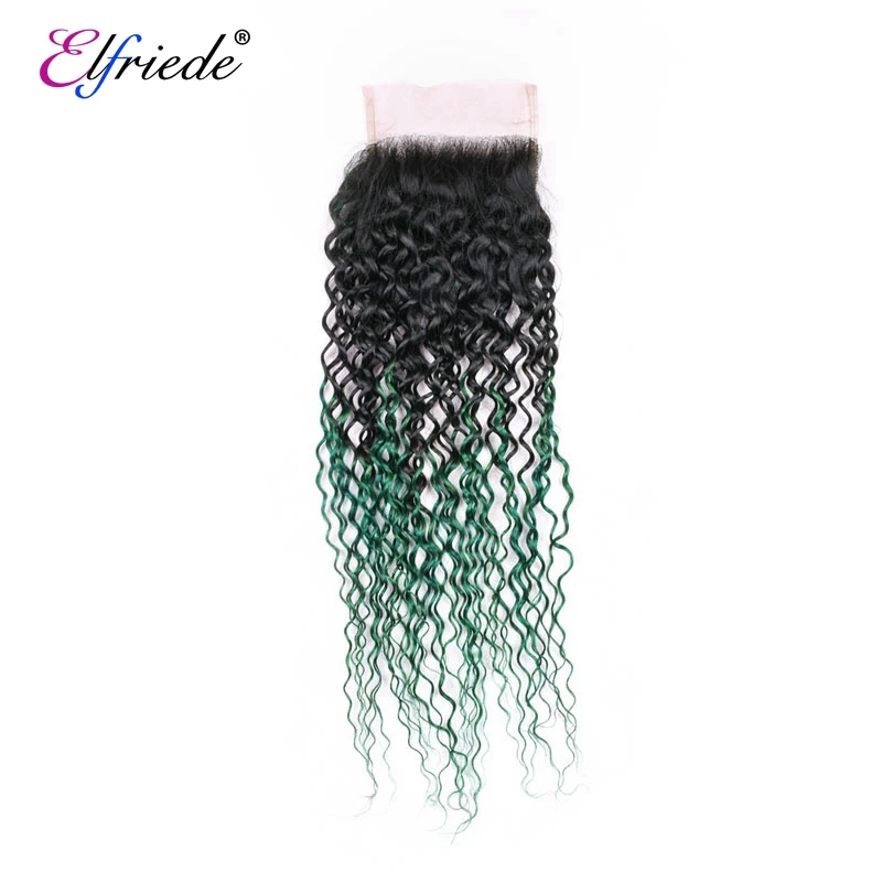 Elfriede #T1B/Green Kinky Curly Ombre Colored Hair Bundles with Closure 100% Human Hair Wefts 3 Bundles with Lace Closure 4x4