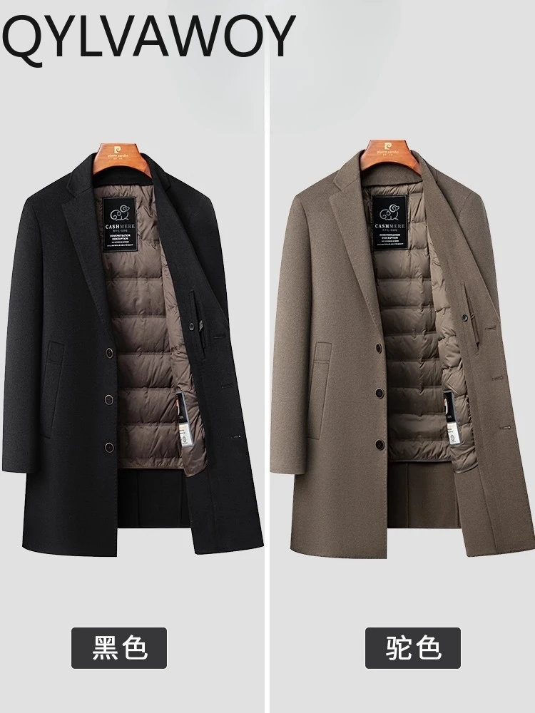 QYLVAWOY الشتاء الخريف الرجال منتصف طول معطف الصوف ملابس خارجية الصوف أوزة أسفل بطانة الدافئة أنيق عالية الجودة سترة رجالي LJ2769