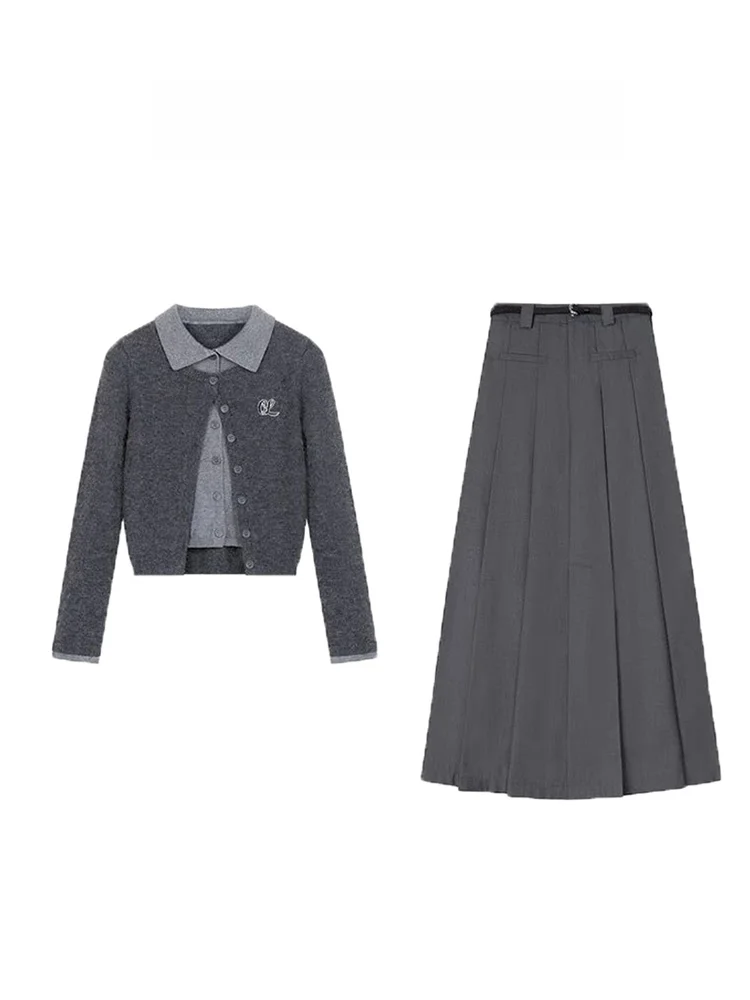 

Chic College Style Two-Piece Set Women's Spring Autumn Plaid Collared Knit Top And Midi Skirt Ensemble Fashionable Casual Wear
