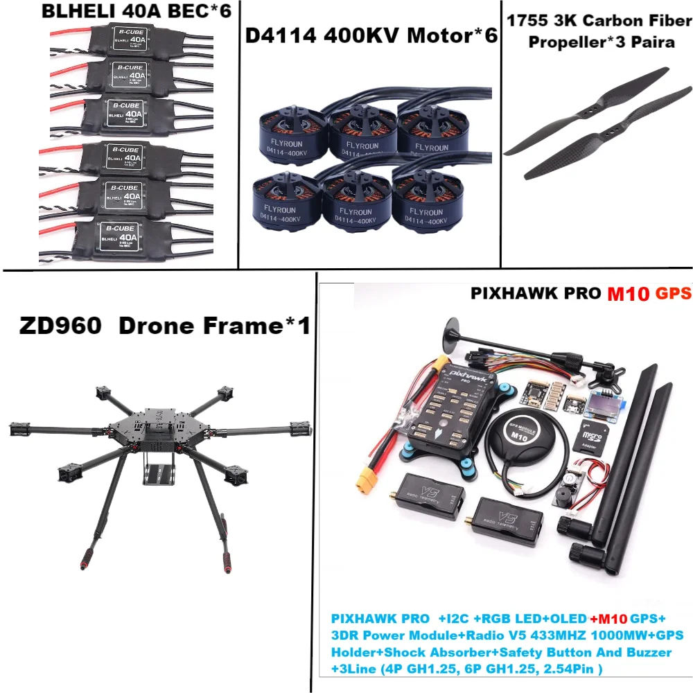 ZD960 PIXHAWK PRO M10 Full Carbon Fiber  Hexa-Rotor Frame BLHELI 40A ESC Flight Comtrol Rado Telemetry Set