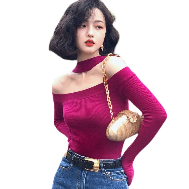 Sweater Mujer Sexy Off Shoulder Slim Knitted Sweaters White Black Women Pullovers Long Sleeve Top Pull Femme Vintage Knitwears