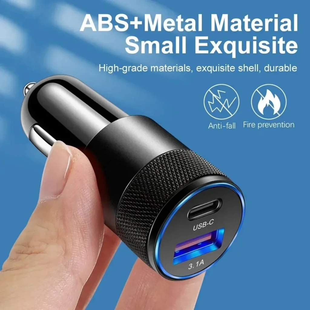 68W PD Fast Car Charger, Dual USB-C & USB-A with QC3.0, Compatible with iPhone Samsung Xiaomi Huawei iPad