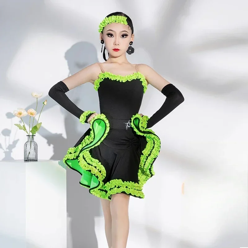 

Kids Girls Cha Cha Rumba Samba Dance Performance Costume Competition Clothes Suspender Green Stringy Selvedge Dress Latin dance