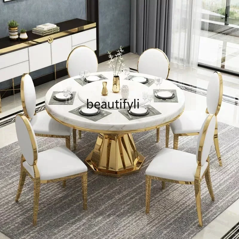 

Marble dining table light luxury simple round table with turntable household dining table and chair combination C56