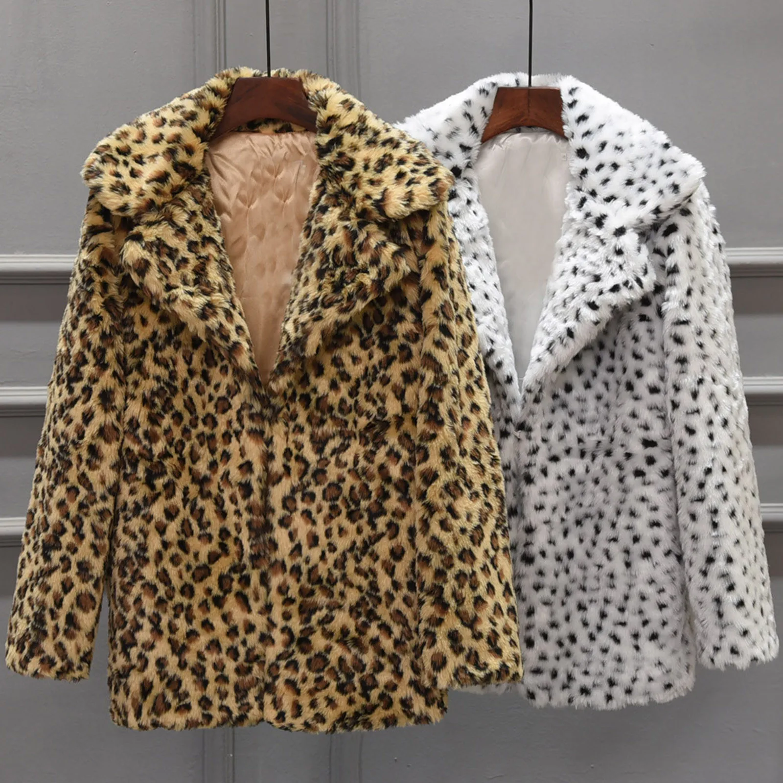 

Women Winter Autumn Warm Long Sleeve Lapel Mid-length Sexy Leopard Print Faux Coat Furry Outwear Casual Overcoat Jacket Clothing