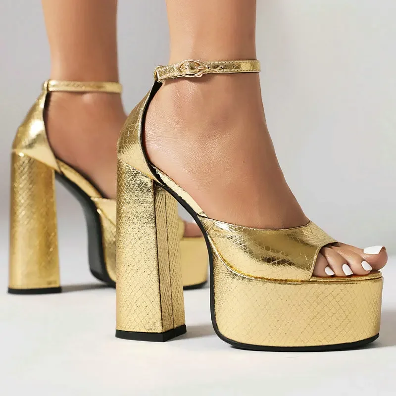 

Western Gold Silver Shiny Party Wedding Heels Open Toe Women Shoes Summer Dress Pumps Platform Block High Heeled Luxury Sandals
