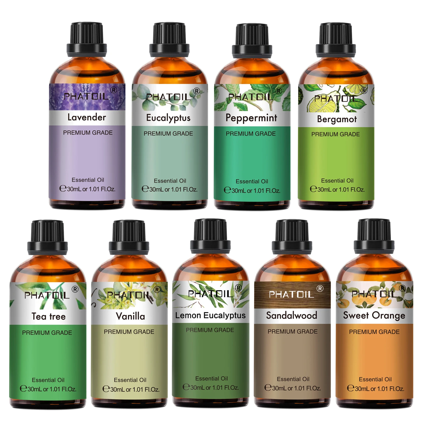 PHATOIL 30ml lavanda limón eucalipto sándalo bergamota aceite esencial de aromaterapia para difusor, fabricación de velas, jabón y bomba DIY