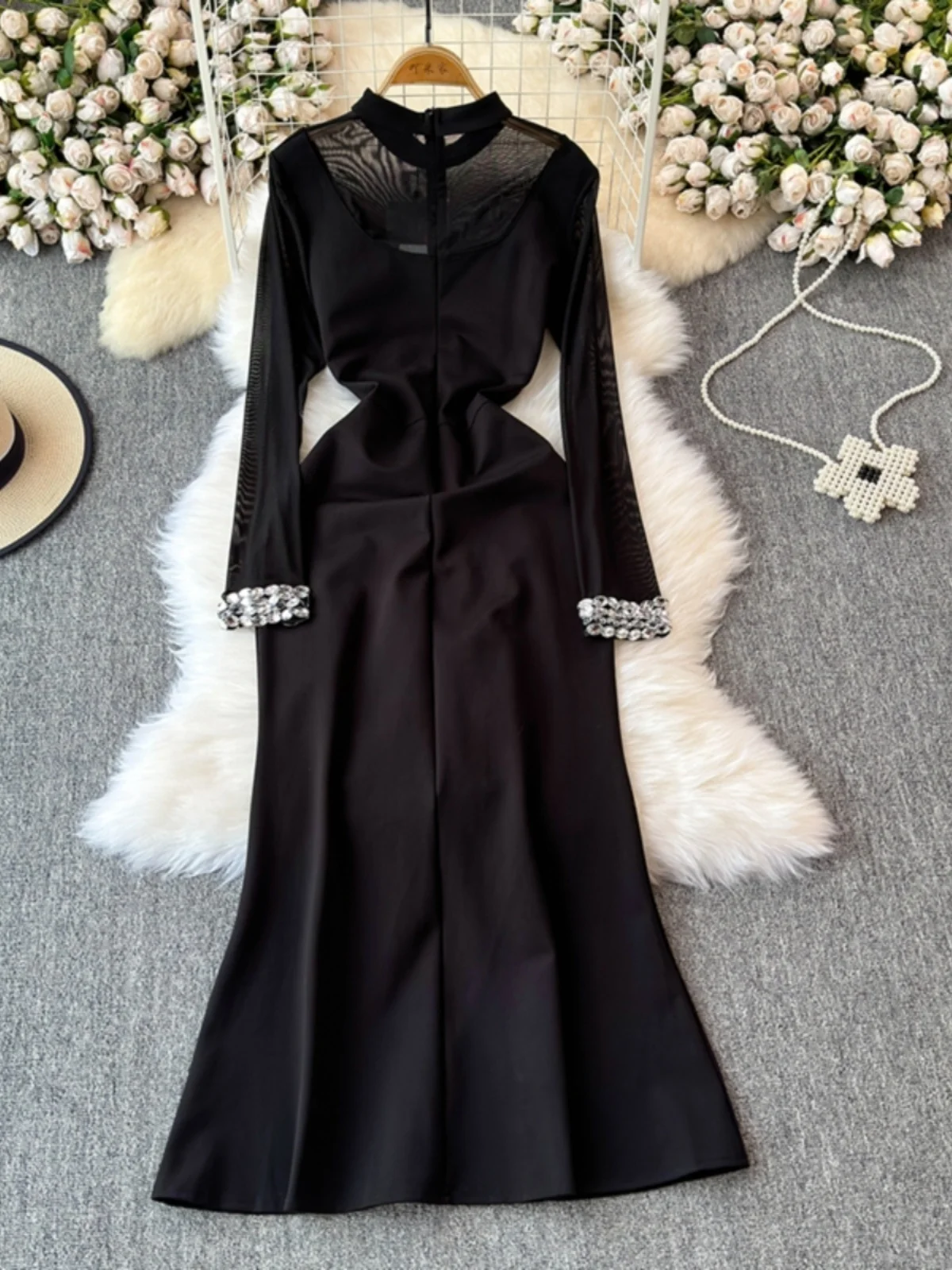 Autumn Winter Black Tulle Beaded Fishtail Maxi Dress Women Long Sleeve Fashion Elegant Party Evening Vestidos Bandage Robe