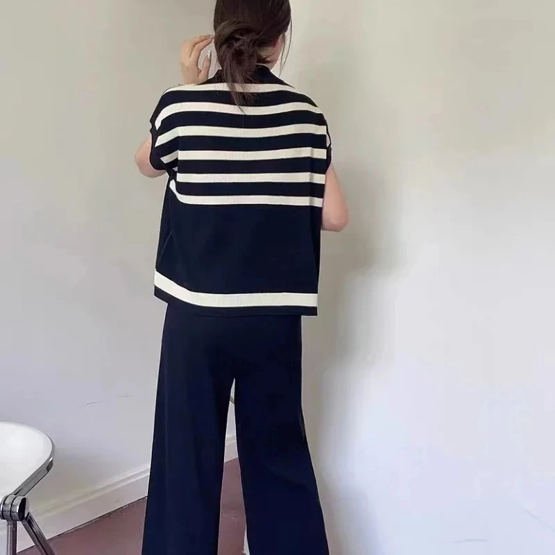 Harajuku Summer High Street Simple High-Grade Fashion Niche Striped Knitted Waistcoat Fashion Casual Slim Wide Leg Pants Women