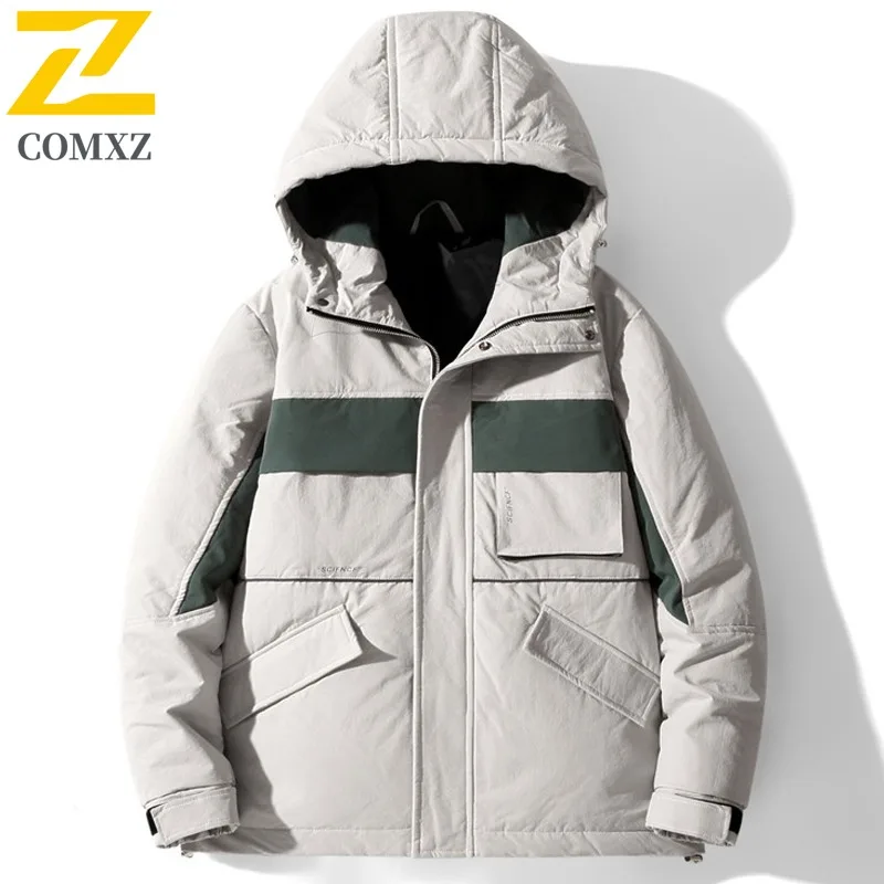 COMXZ Men's Puffer Jacket New Style Minimalist Hooded Thick Warm Travel Winter Jacket Snowy High-Quality Windproof Padding Coat