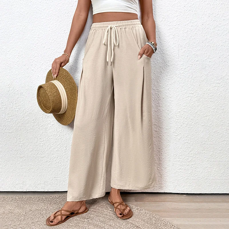 Women's Summer Solid Color High Waist Wide Leg Pants Casual Drawstring Waist Flowy Palazzo Trousers