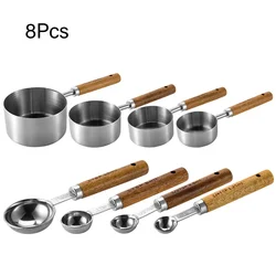 8Pcs Measuring Cup Spoon Sets Stainless Steel Wooden Handle Coffee Flour Scoop Bartending Scale Kitchen Cooking Gadget Sets