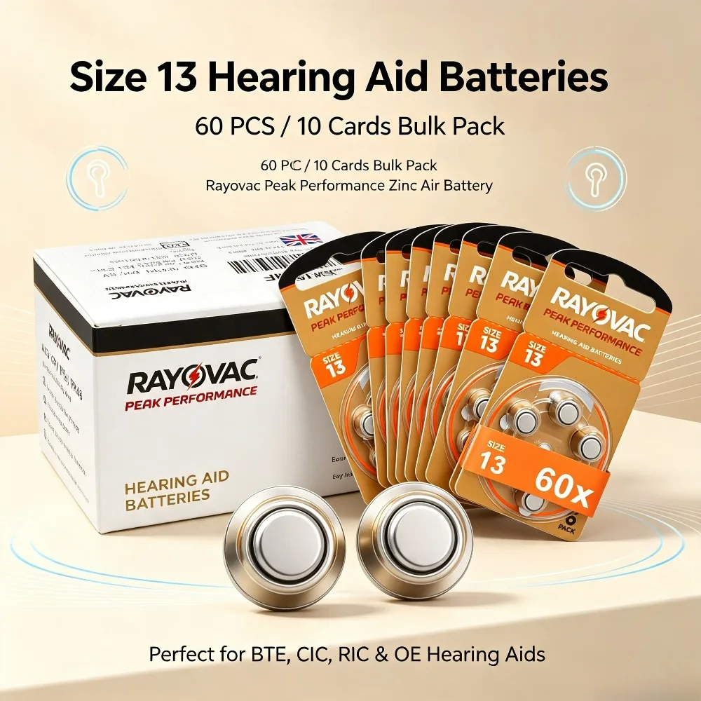 60PCS/10 Cards Rayovac Peak 1.45V 13A A13 13 P13 PR48 Zinc Air Hearing Aid Batteries For BTE CIC RIC OE Hearing Aids