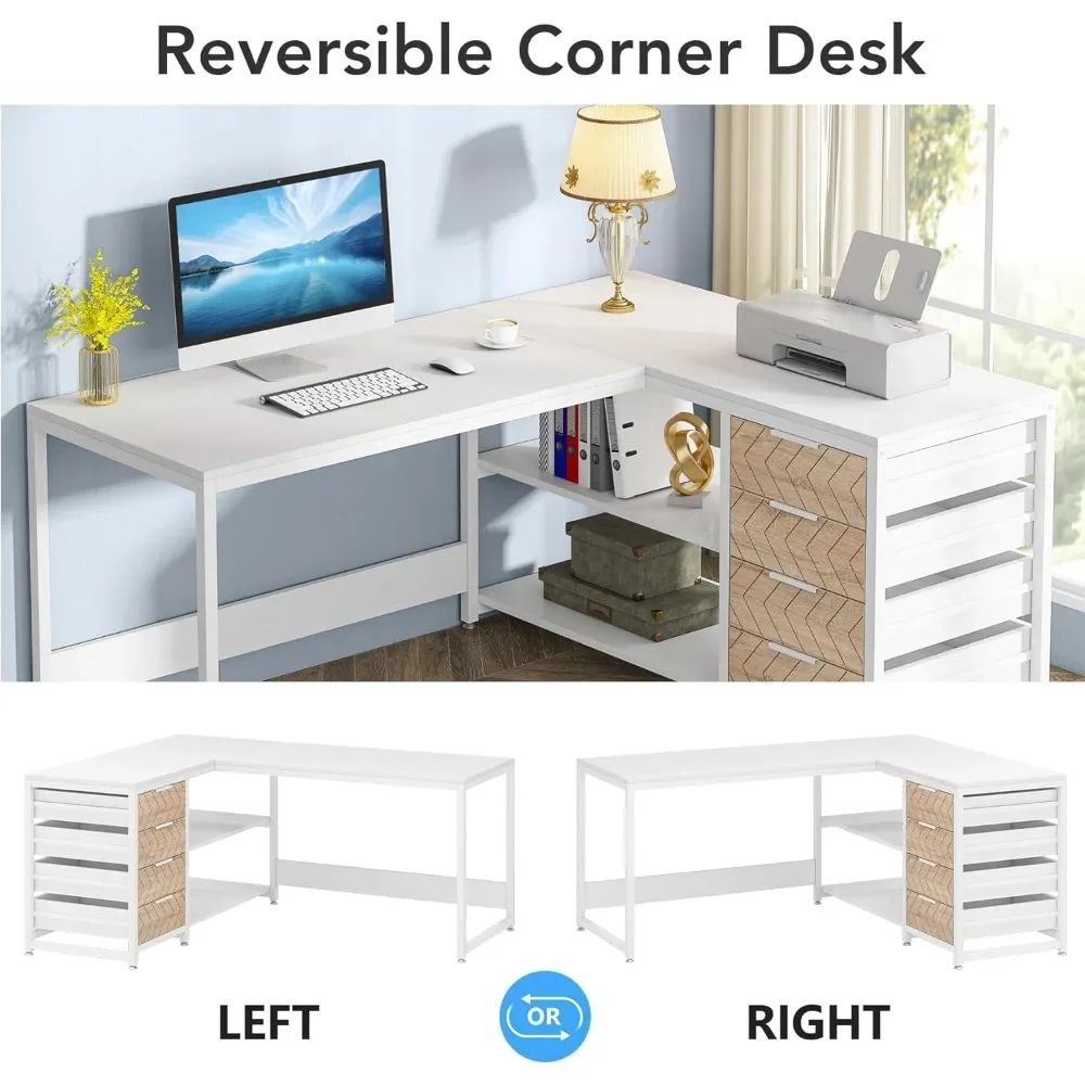 L Shaped Computer Desk with Storage Drawers, 59 inch Corner Desk with Shelves, Reversible L-Shaped Office Desk Study Writing