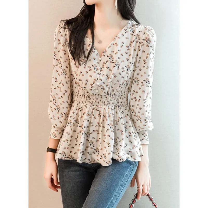 Vintage Elegant V-Neck Floral Shirt Women\'s Clothing Fashion Spring Long Sleeve New Buttons Spliced Waist Slim Blouses Female