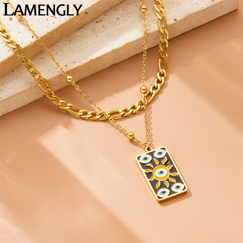 LAMENGLY High Quality 316l Stainless Steel Exaggerated Eyes Sun Double Chain Pendant Necklace Women Cartoon Chain Necklace