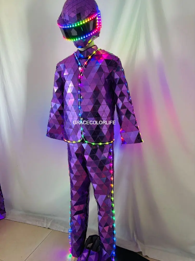 Costume da spettacolo per festival Design a specchio illuminato a LED Abito fatto a mano da uomo in più colori con maschera di Halloween Spettacolo teatrale