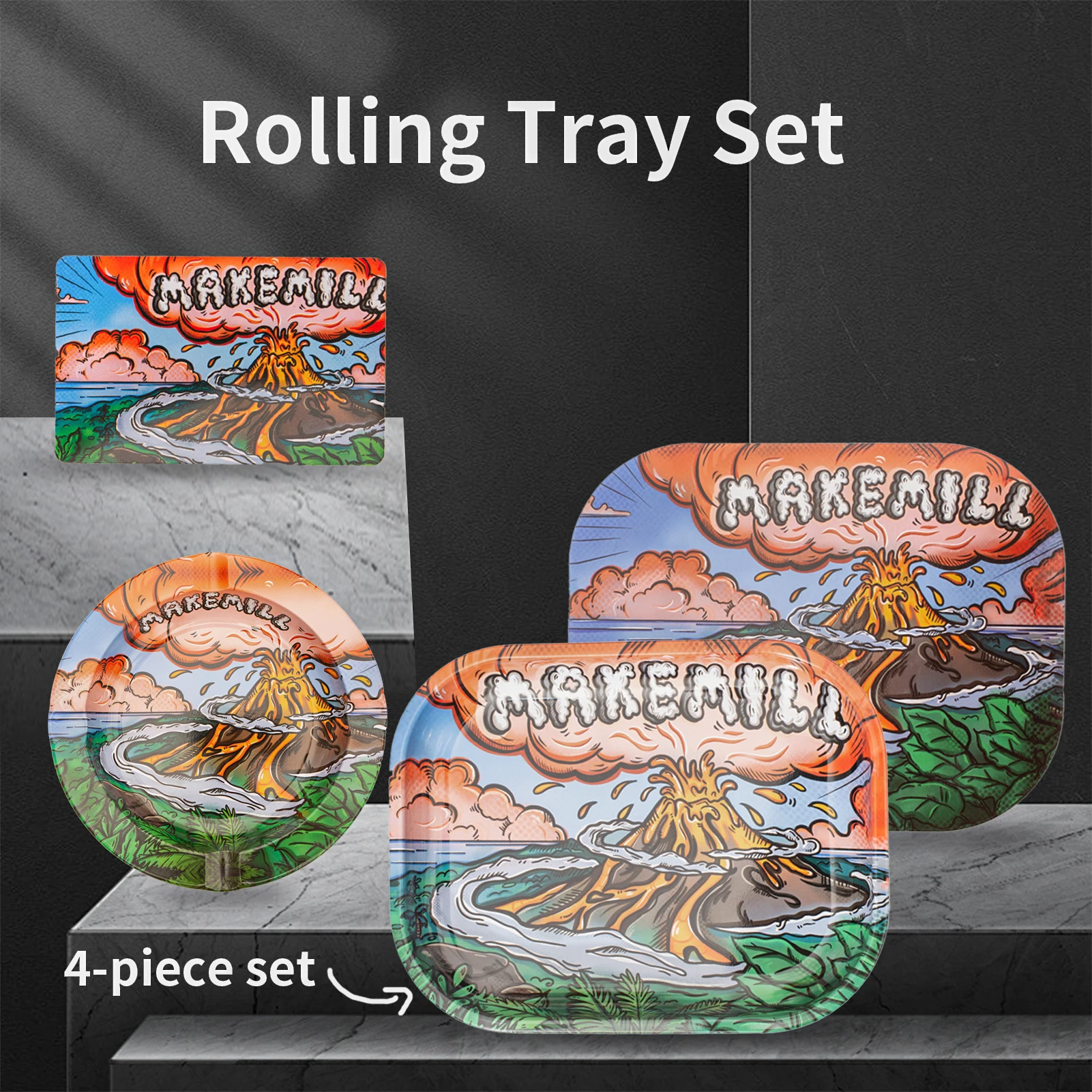 4pcs/set, Rolling Tray Set with Magnetic Lid, Metal Small Trays-7.09 x 5.52\'\', Ashtray - 5.4 x 5.4\'\', Comes with 1 Scoop Card