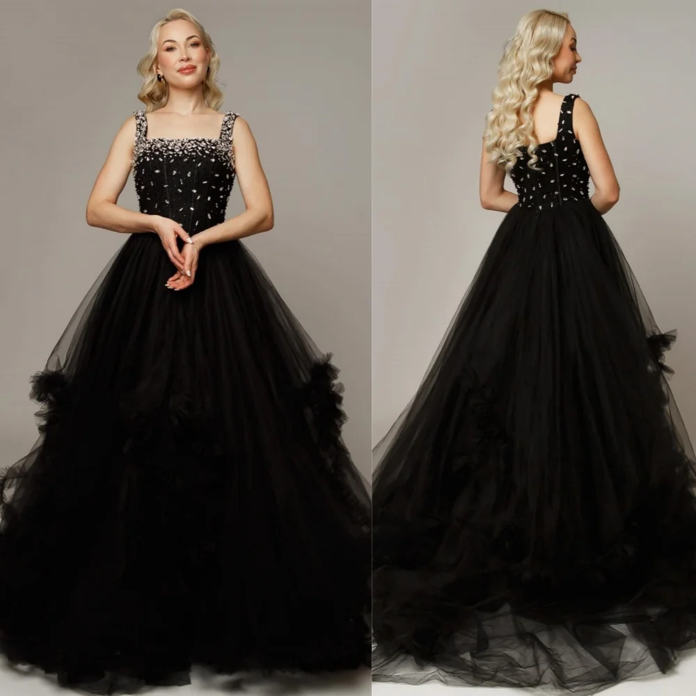 

Customized Sparkle Matching Organza Sequined Pleat A-line Square Neck Long Dresses Bespoke Occasion Formal