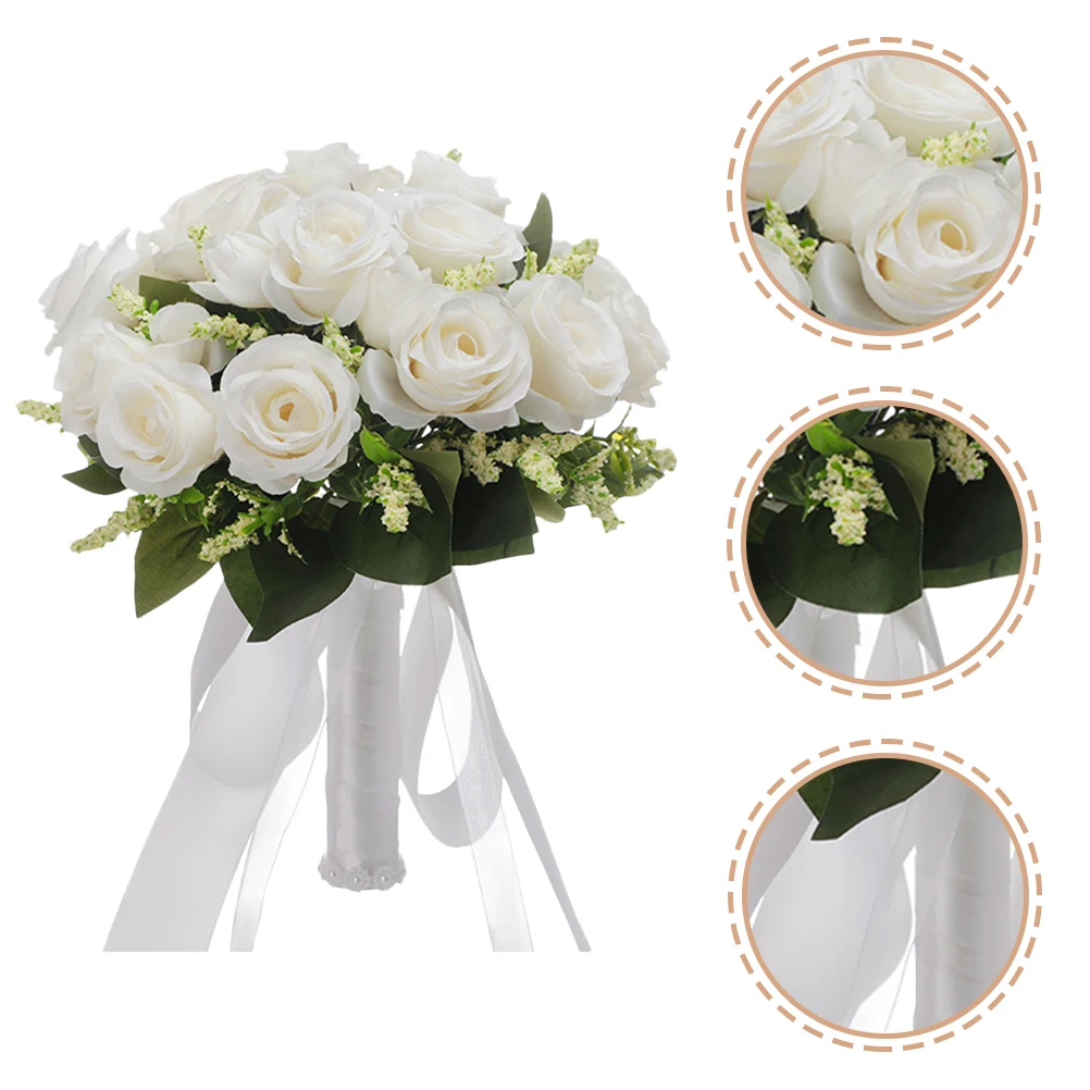 

Silk Pearl Plastic Bridal Bouquet Wedding Hand Flower Beautiful Roses Ribbon Decor Simulation Rose for Bride Bridesmaids Party