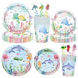 Sea Animal Theme Disposable Tableware Under The Sea Baby Shower Party Plates Napkins Cups Ocean Animals Birthday Party Supplies