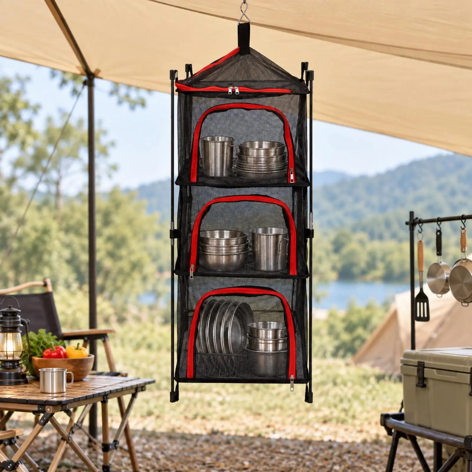 Outdoor Freestanding Mesh Organizer Rack for Dehydrating Camping Supplies Foldable Nylon Net Storage with Zippered Access Door