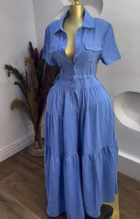 Damesjurken 2023 Zomer Nieuwe Mode Turn-Down Kraag Korte Mouwen Gesp Tailleband Casual A-lijn Shirt Lange Jurk