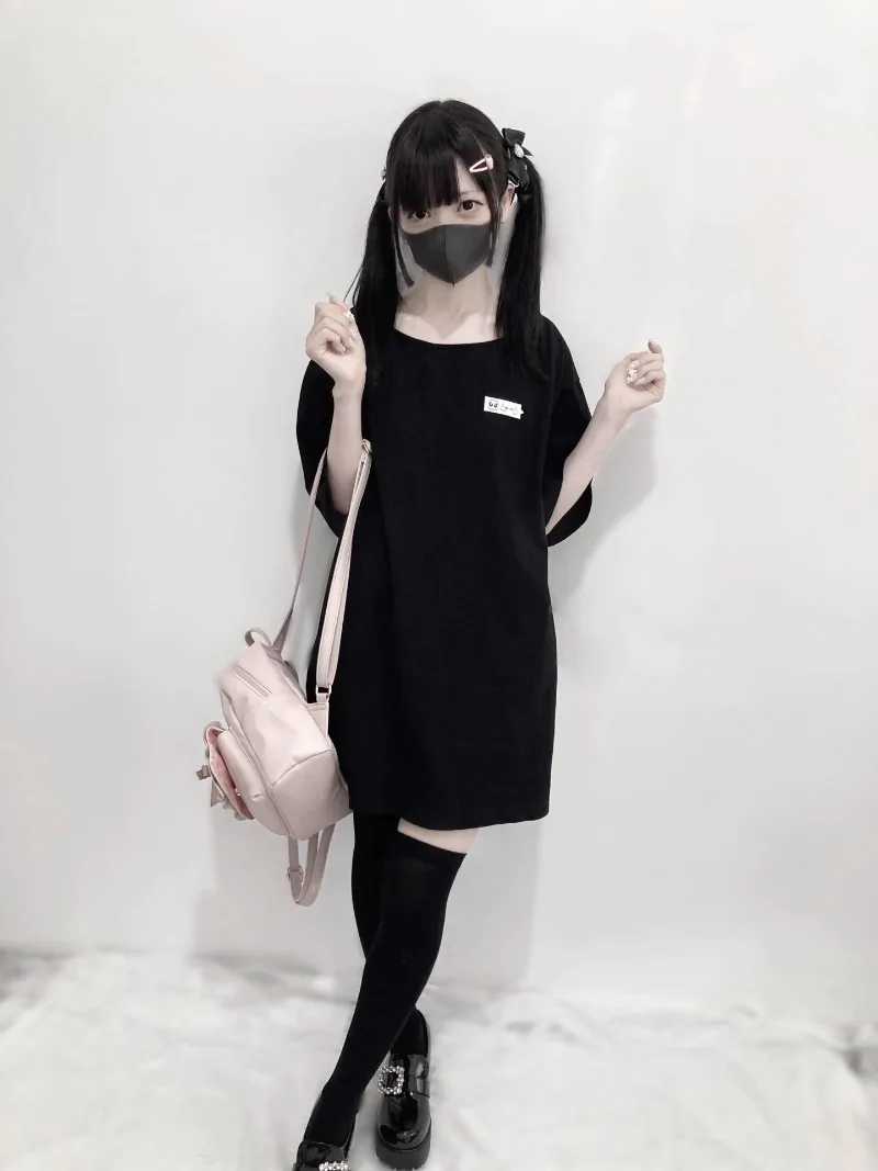 Japanese Style Mine Series Embroidered Large Collar Loose Short Sleeved T-shirt Black Kawaii Clothes Top Tees Harajuku Pullovers