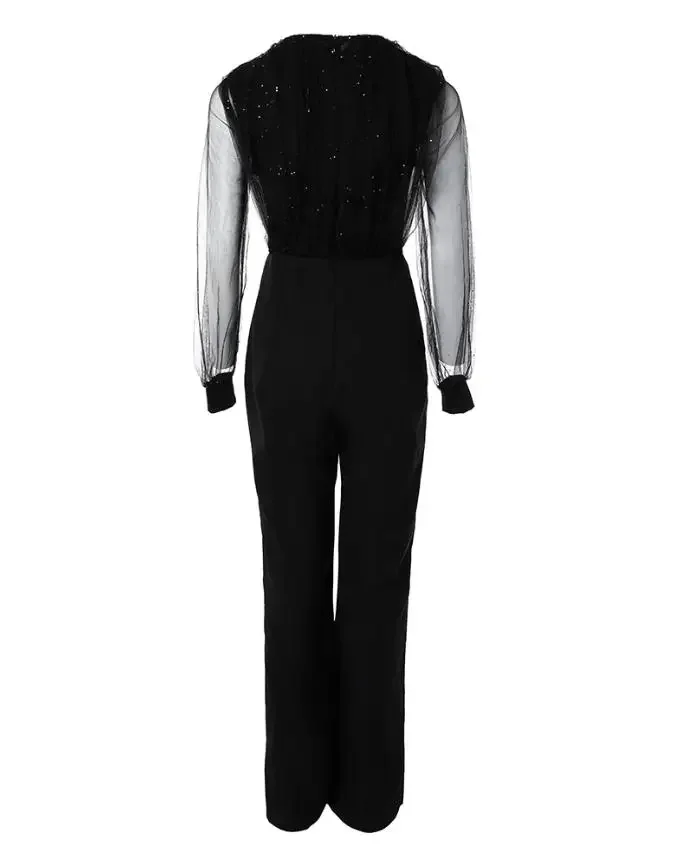 Elegante Jumpsuit Vrouwen Lente Mode Glitter Print Sexy V-Hals Lange Mouw Casual Contrast Mesh Zak Jumpsuit Met Rechte Pijpen