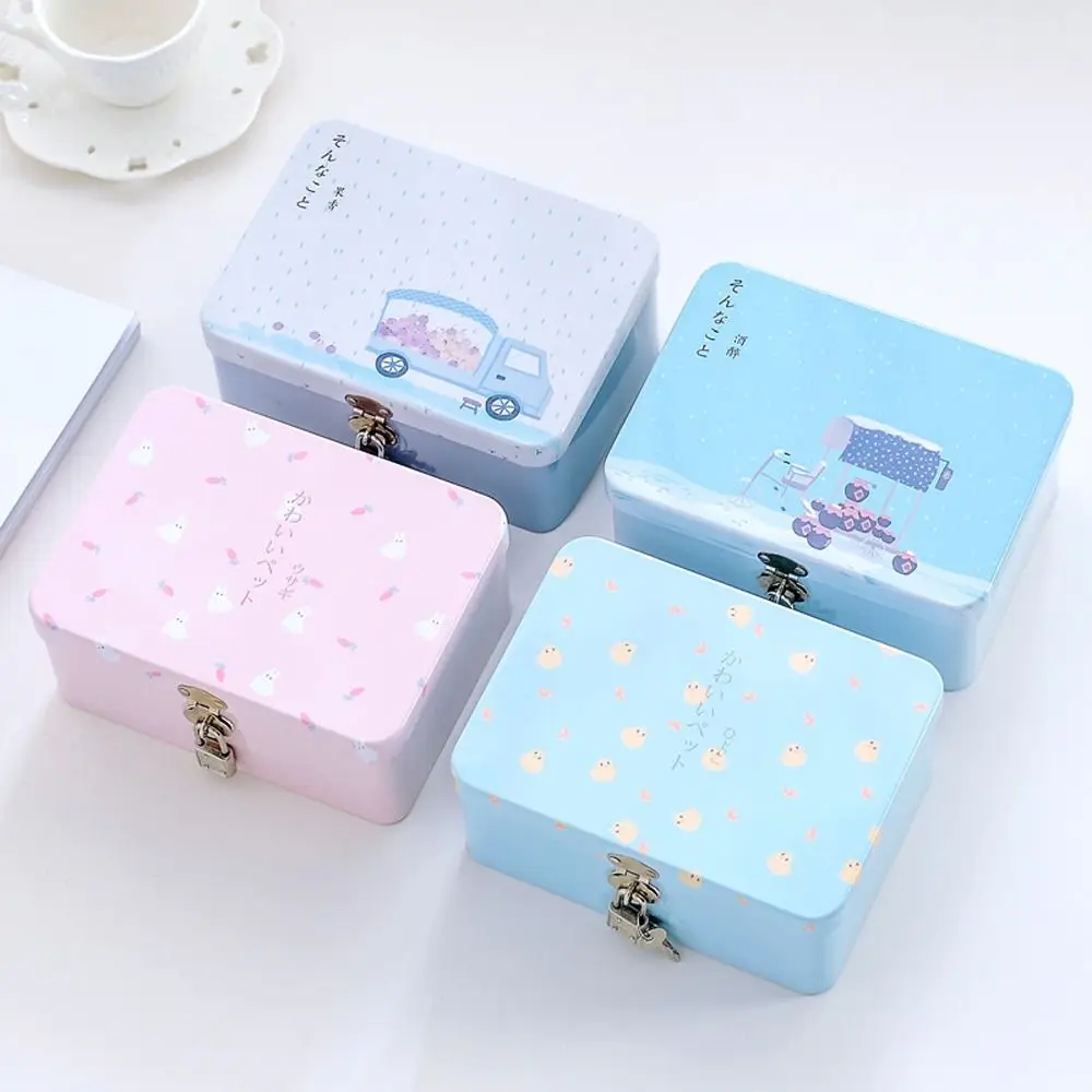 Creative Large Capacity Tinplate Box with Lock Key Desktop Storage Case Metal Box Jewelry Storage Empty Box