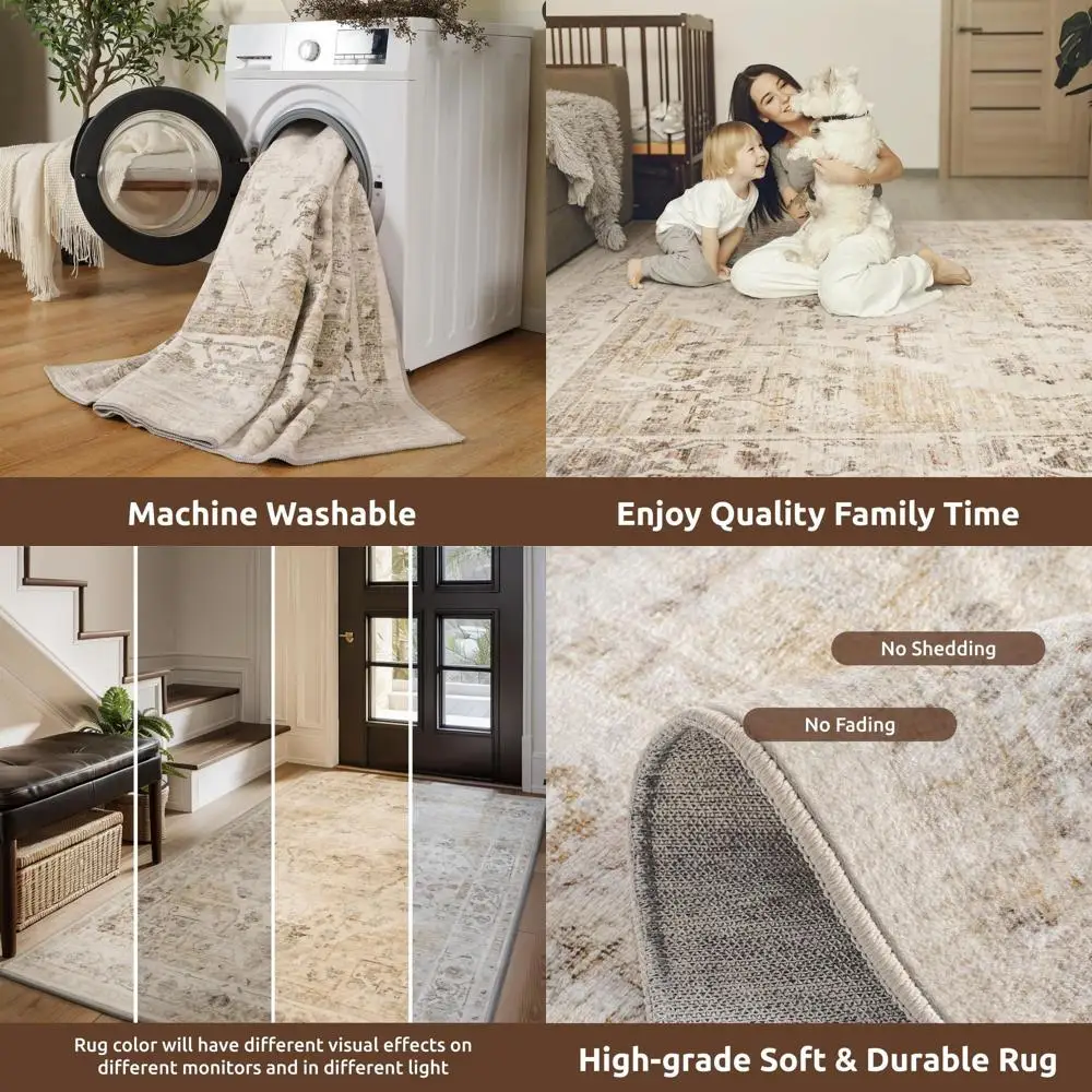 

5x7 Vintage Beige Area Rugs for Living Rooms, Bedrooms, and Dining Spaces - Non-Slip, Easy to Clean