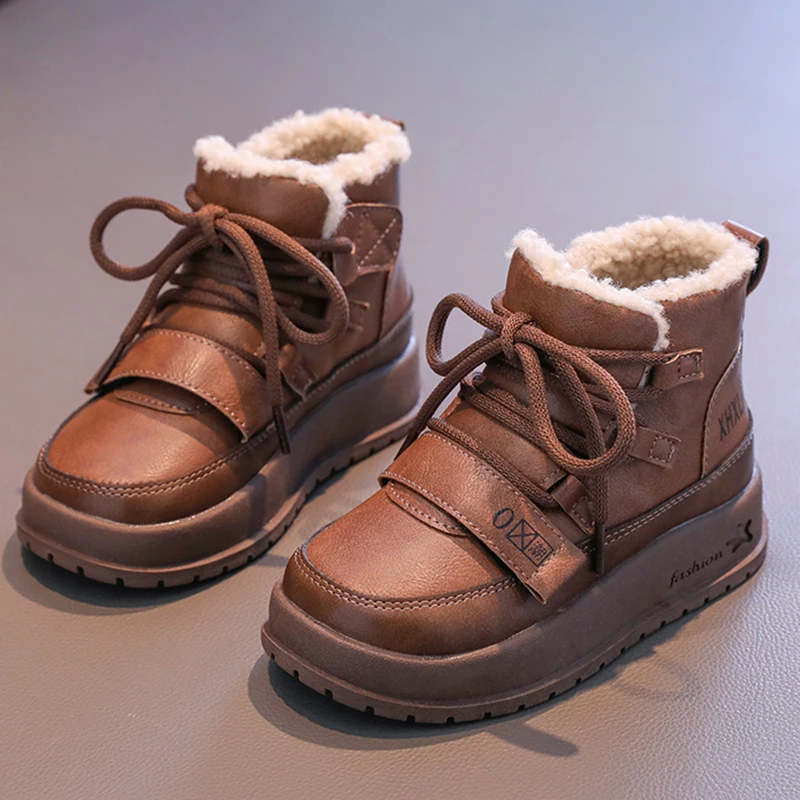 

Зимние зимние сапоги из искусственной кожи для детей, толстые теплые детские плюшевые сапоги для подростков, хлопковая обувь из искусственного меха для мальчиков и девочек, теплые сапоги