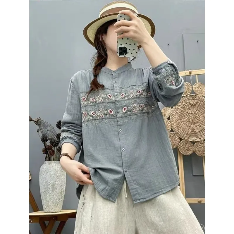 Literary Retro Ethnic Style Embroidered Stand Collar Long-sleeved Shirt 2025 Autumn New Loose Top