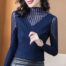 2024 Spring and Autumn Season New Velvet/Non Velvet Half High Collar Bottom Shirt for Women's Inner Layer Mesh Bright Silk Top V