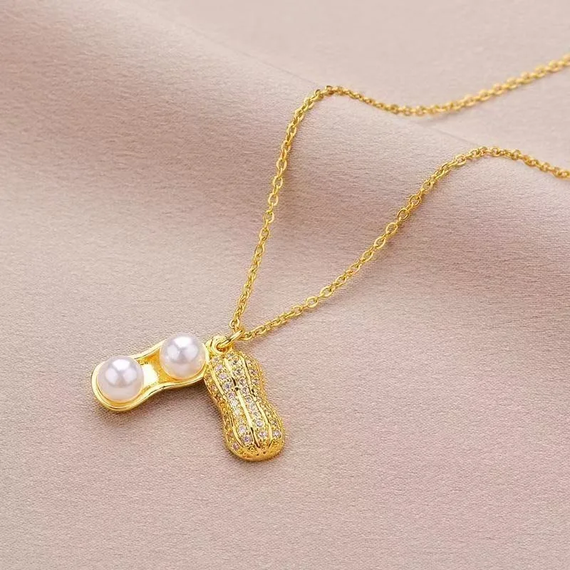 

Lucky Pearl Peanut Pendant Necklace For Women Personality Gold Color Korean Clavicle Chain Luxury Party Elegance Jewelry Gift