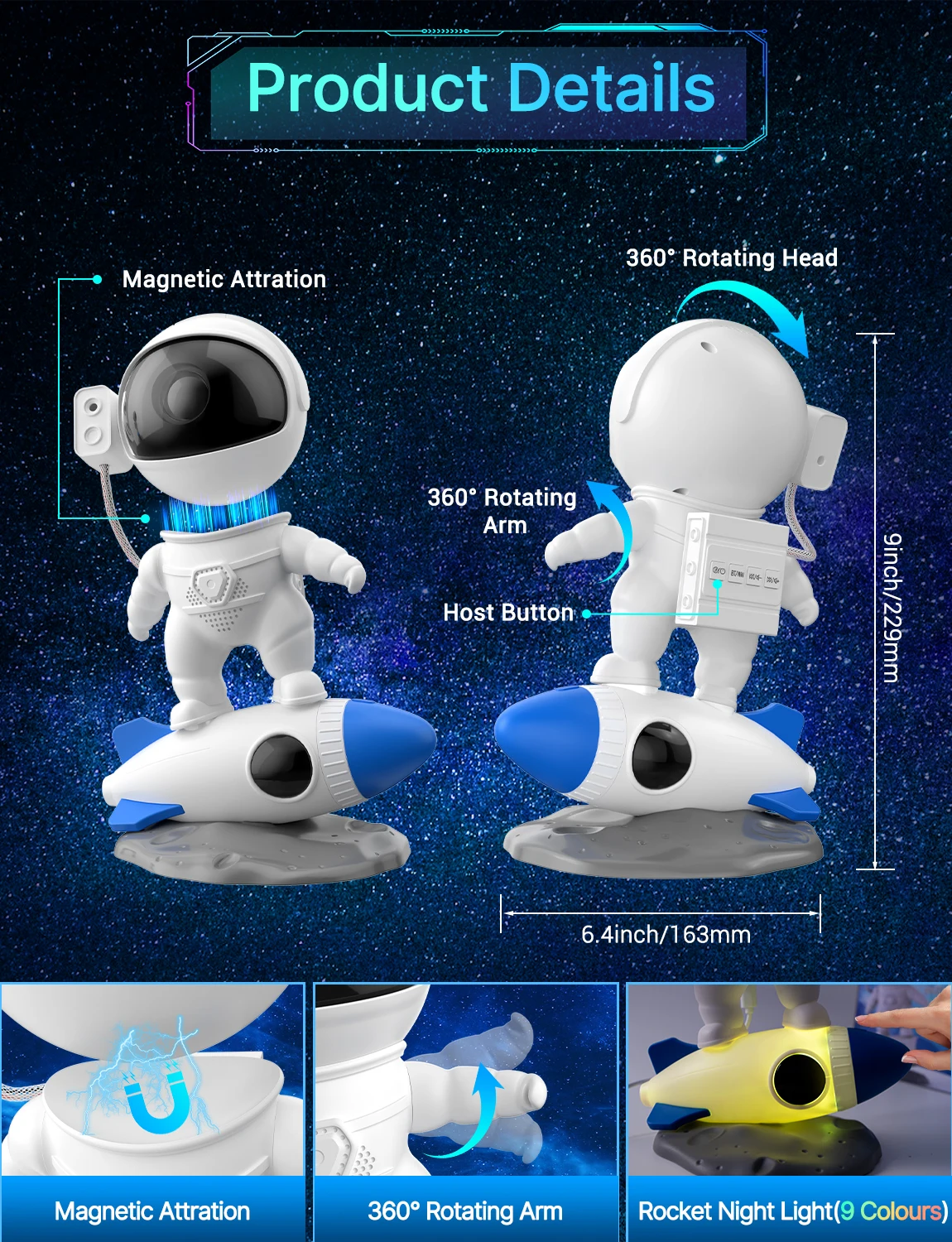 360° Adjustable Rocket Astronaut Star Projector, APP+Remote, White Noice, Rocket Night Light with 8 Color for Kids