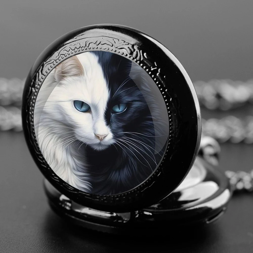 Delicate Gifts Quartz Pocket Watch Black White Cat Design Glass Dome Necklace Pendant Clock for Mens Womens