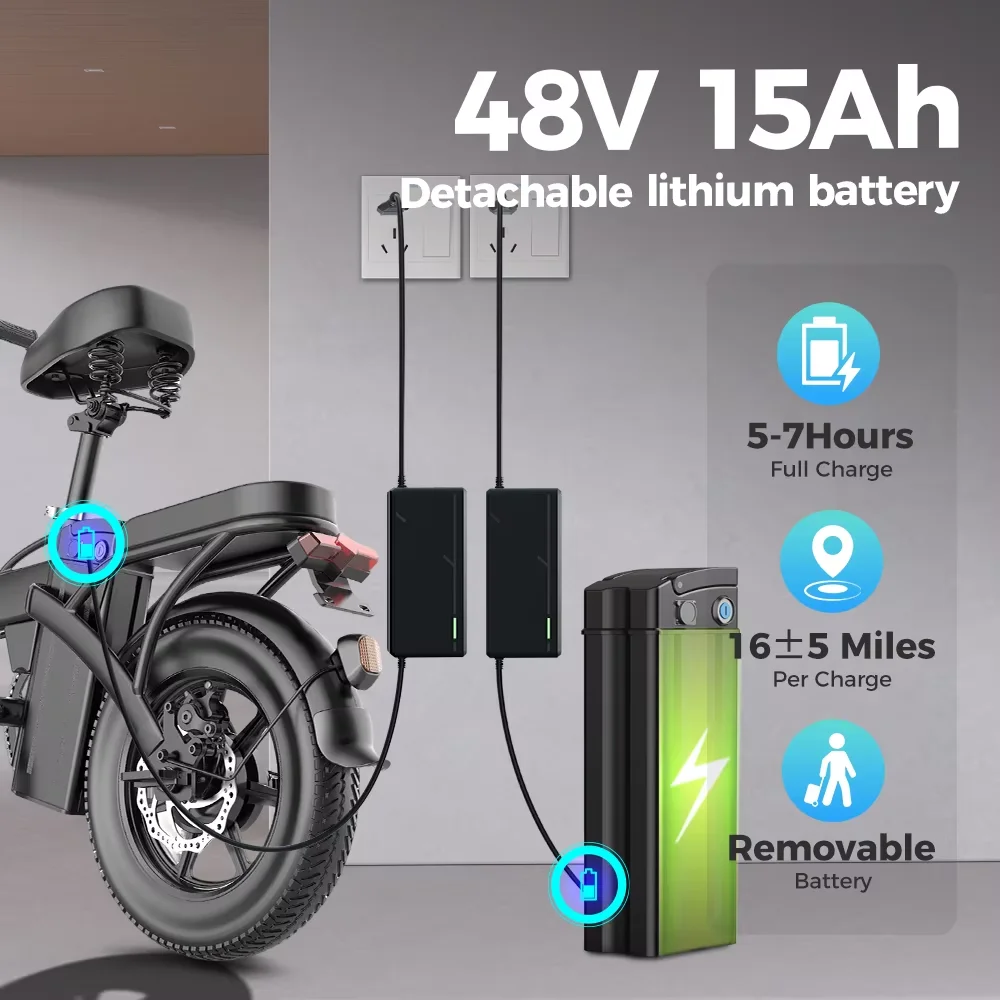 Bicicleta Eléctrica TOOFLY GS3 con Motor sin Escobillas de 250W, Batería de Litio Extraíble de 48V15AH, Mini Bicicleta Eléctrica Plegable para Adultos con Llantas de 14 Pulgadas, Bicicleta Eléctrica para Viajes Urbanos y al Aire Libre