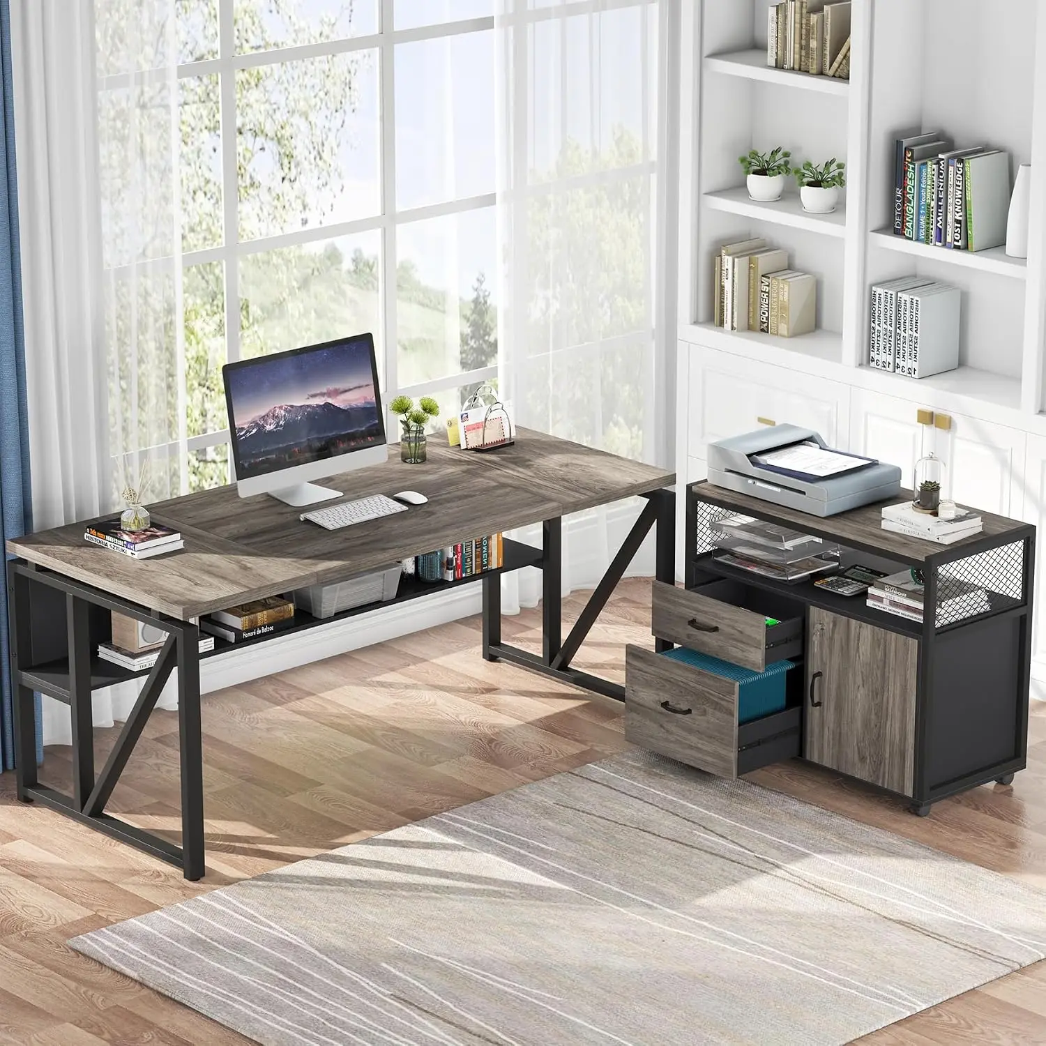 L Shaped Executive Desk with File Cabinet, Home Office Furniture with Locking Doors & Drawers, 63 inches, Customized