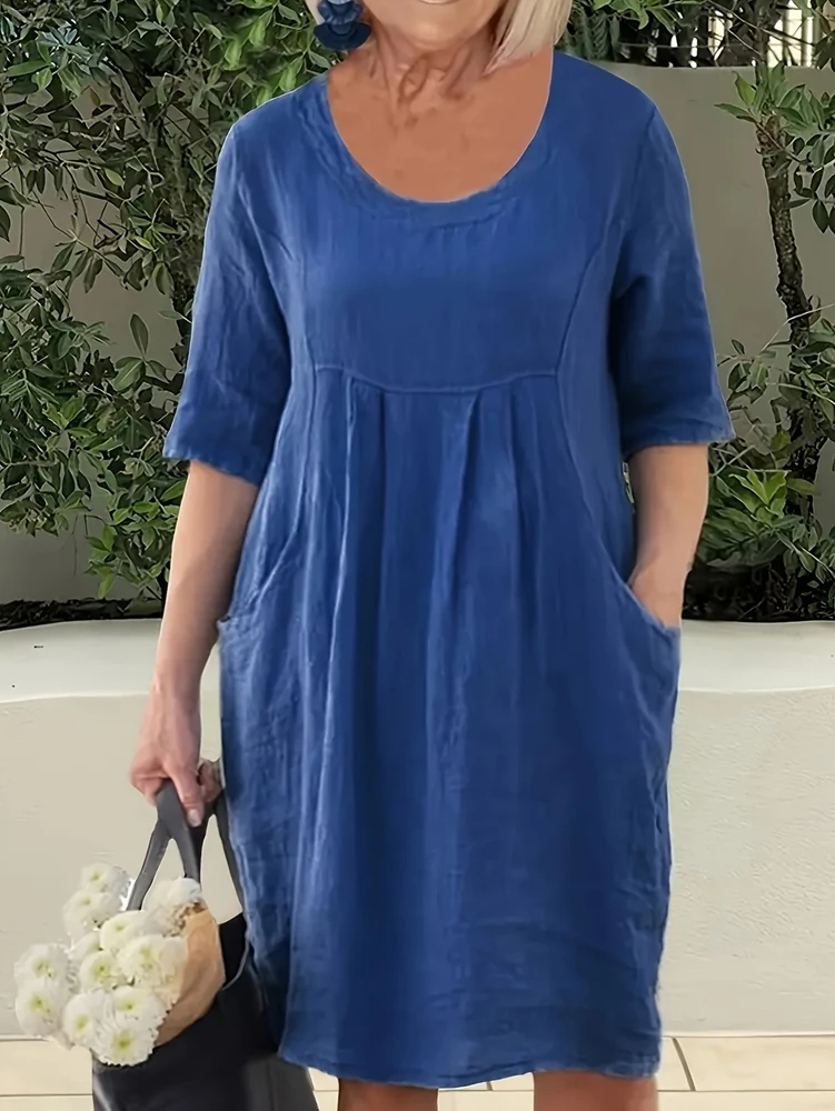 Übergrößen 1XL-5XL Damen Locker Sitzendes Baumwoll-Leinen-Kleid mit Taschen, Sommerkleid mit Rundhalsausschnitt und kurzen Ärmeln sowie Strandparty-Kleid – Detail 2