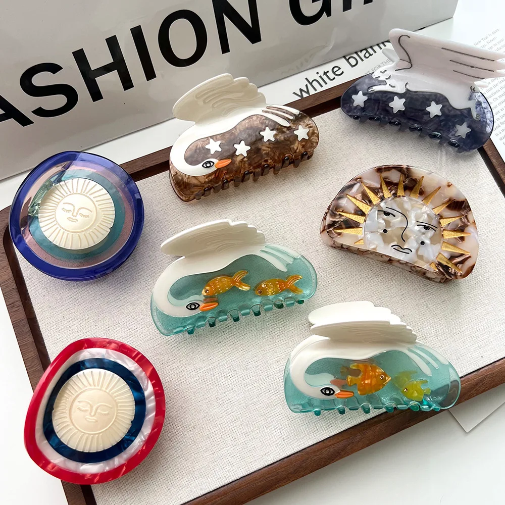 1Pcs New Acetate Vintage Cute Sun Duckbill Clip Cloud Swan Fish Star Hairpins Hair Claw Women Barrettes