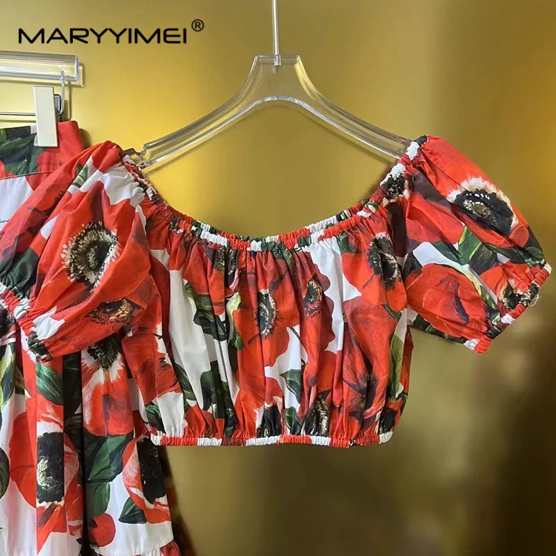 Imagem -03 - Maryyyimei-conjunto Midi e Top de Manga Curta Feminina Popeline Sexy Estampa Floral Encantadora Moda Patchwork Peças