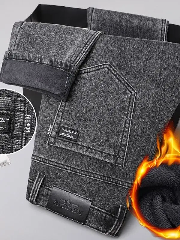 

Men's Thiened Fce Lined Slim Fit Straight Leg Jeans Spring Warm Elastic Casual Trousers Trendy Pants Zipper Closure