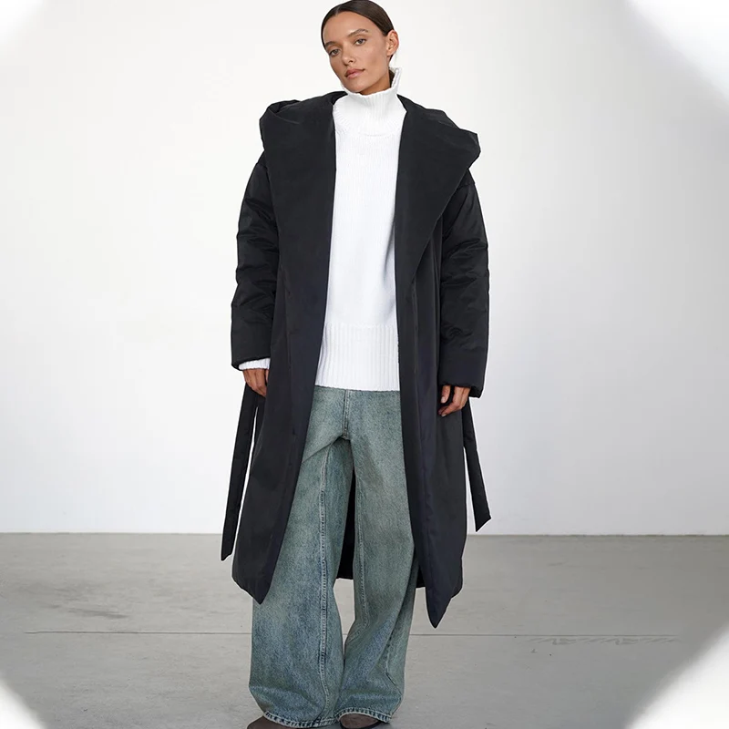 TARUXY Fashion Long Hooded Cotton Jacket Women's Casual Solid High Street Belt Pocket Warm Cotton Down Coat Winter Commuter Coat