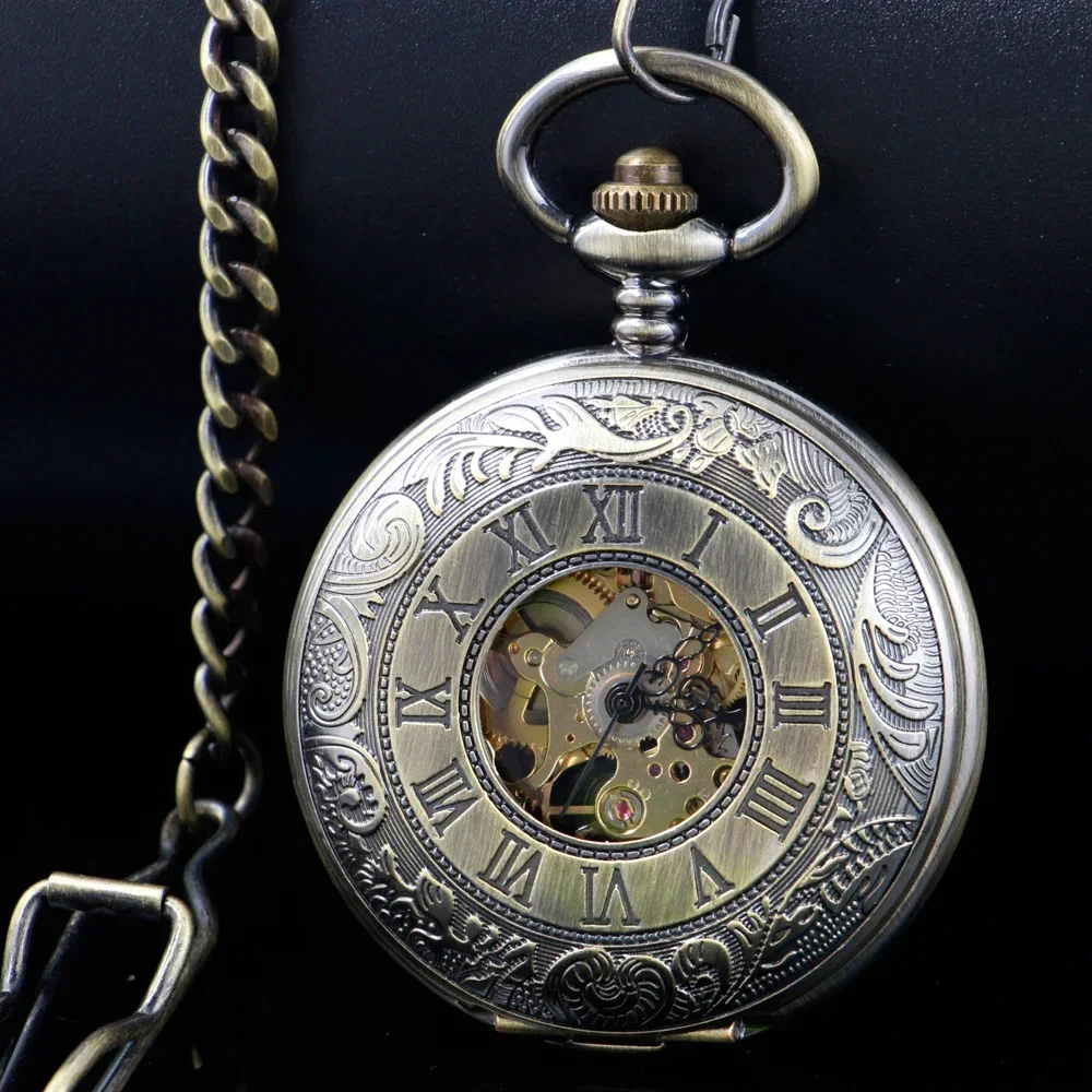 Men Brown Mechanical Hand Wind Pocket Watch With Chain Steampunk Vintage Roman numerals Pocket Fob Watch PJX1747