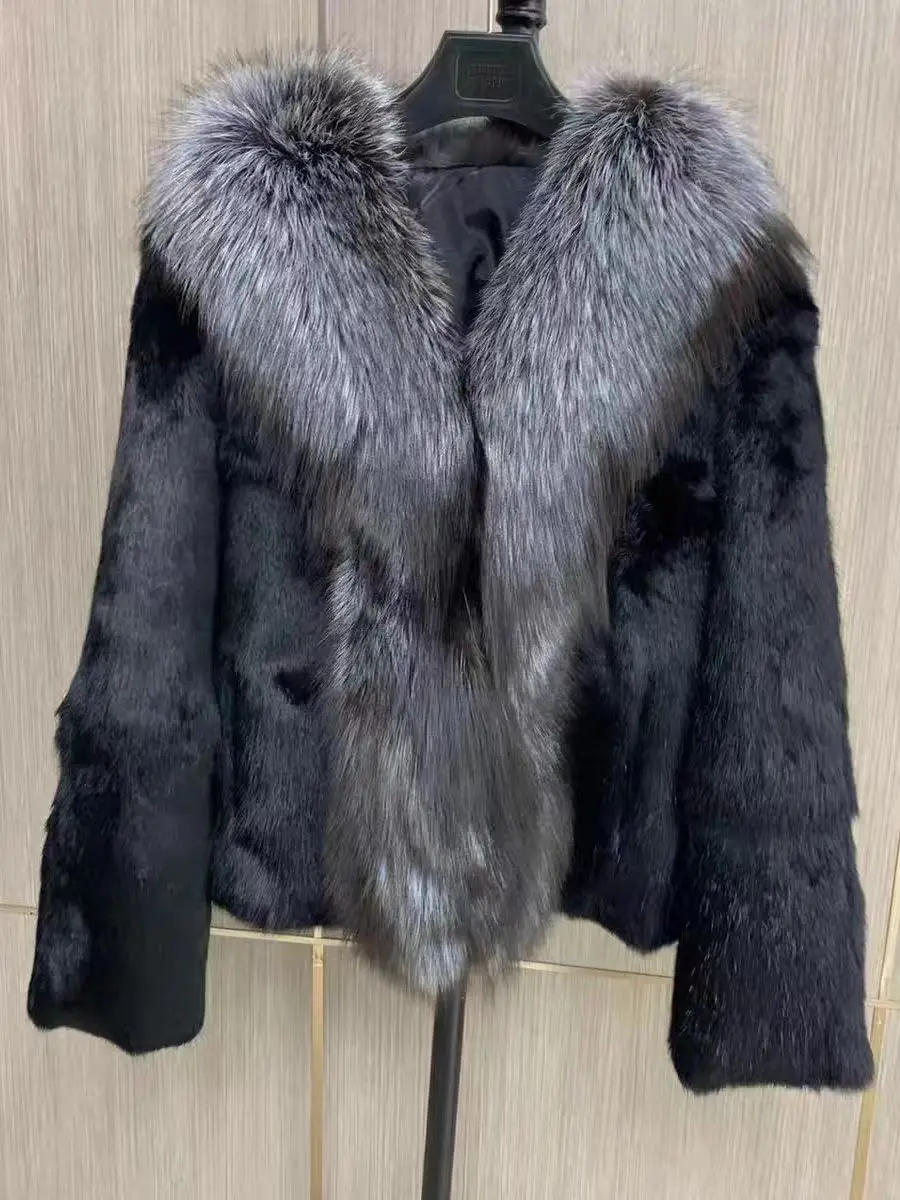 

Furyoume Real Rabbit Fur Coat for Women Short Jacket with Large Natural Fox Fur Collar Thickened Overcoat Streetwear Winter