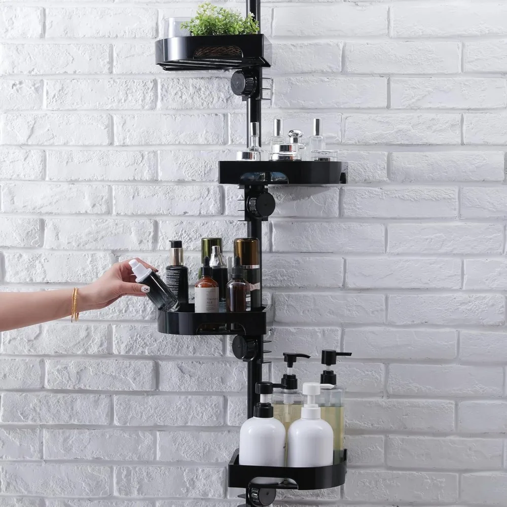 

4-уровневый угловой органайзер для душевой стойки - регулируемый нержавеющий металлический натяжной столб, пластиковые полки с защитной ограждением